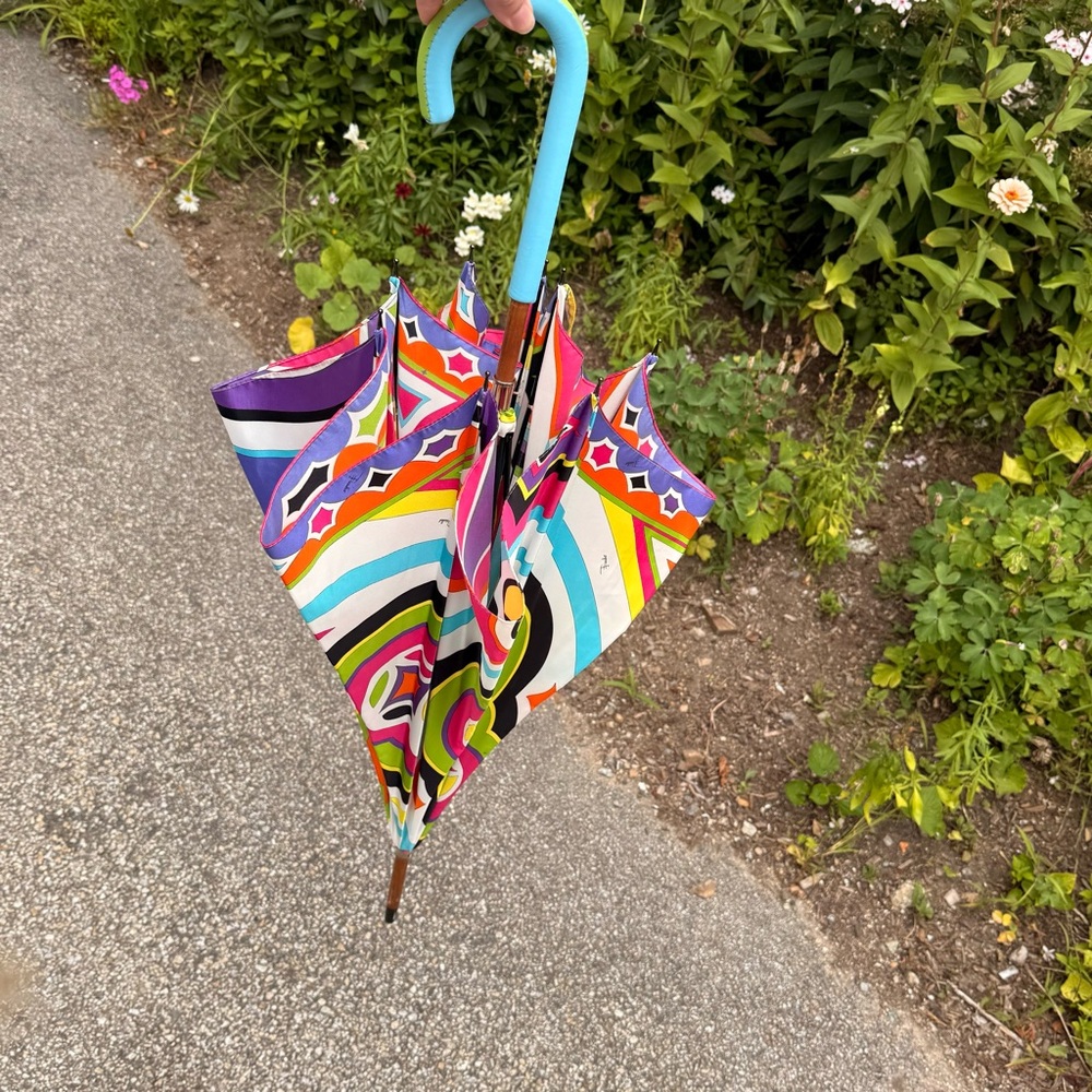 Rare 2000s Emilio Pucci Multicolor Geometric Umbrella With Wood & Leather Handle - Picture 3 of 13